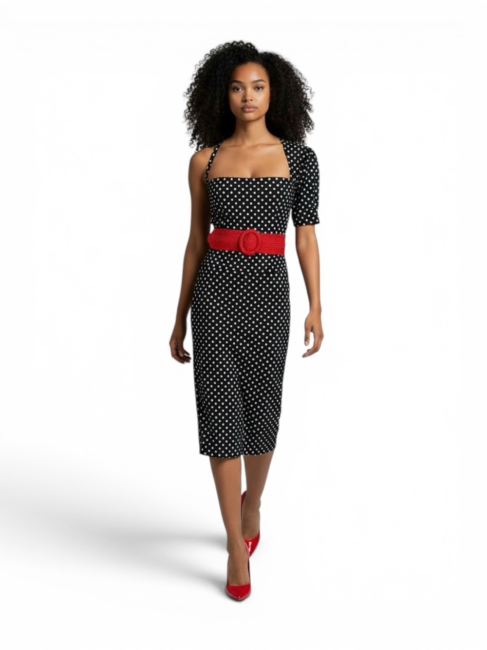 Isabel de Pedro Polka Dot One Shoulder Midi Dress US 6 Black White Euro Design